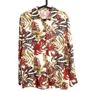 Anna Frank Button Up Shirt M Silk Tropical Palm Leaf Yellow Brown Green Blouse